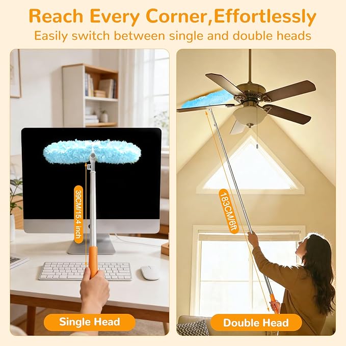 6 ft Heavy Duty Extendable Duster Handle with 50 Refills for Swiffer Duster, 360° Multi-Surface Dusters with 4X Cleaning Power for Home, Ceiling Fans, Windows, Dusting Hard-to-Reach Areas (Blue)