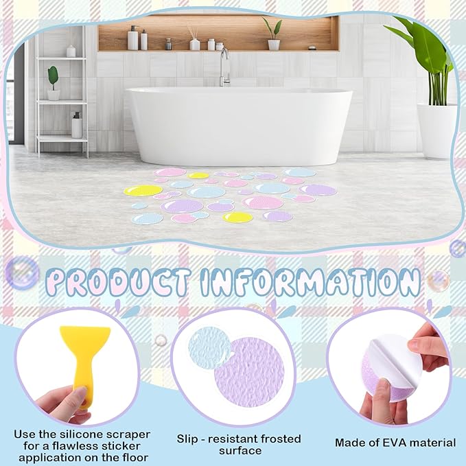 32 Pcs Cute Non Slip Bathtub Stickers for Shower Colorful Bathroom Anti Slip Shower Stickers Floor Applique Adhesive Decals with Scraper for Bathtub Bathroom Floor Pools(Bubble)