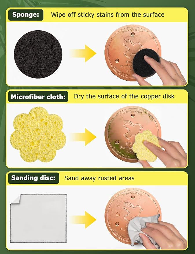 Mellbree Bird Bath Copper Disk & Clean Set, 0.6mm Reinforced 99.99% Pure Copper Cleaning Disk with Cleaning sponges Sandpaper and Microfiber Cloths for Cleaning Bird Baths and Bird Bath Disk