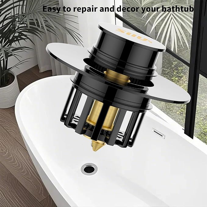 Universal 2 in 1 Bathtub Drain Stopper Bathtub Drain Hair Catcher，Pop-up Tub Stopper with Effective Filter Basket, Anti-Clogging Bathtub Drain Plug Bath Tub Stoppers for 1-1/2 to 1-3/4"" (Black)