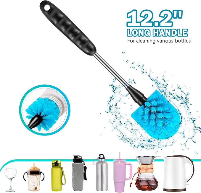 12.2 inch Bottle Brush Set of Three，Washable Coffee Cups, Water Bottles, Baby Bottles, Straws, to-go Cups, Long-Handled 3-in-1 Stainless Steel Bottle Brushes. (Black)
