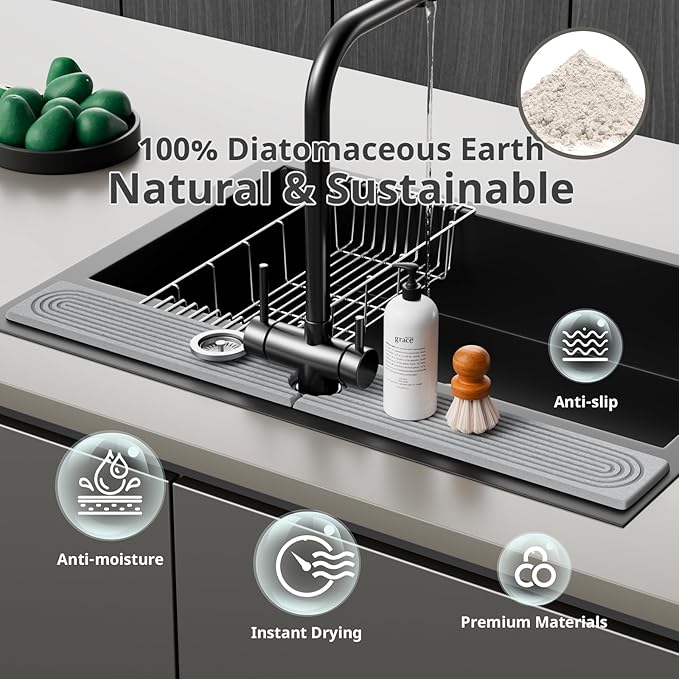 Quick Dry Sink Splash Guard - 30" Instant Dry Stone Sink Tray for Faucets - Absorbent Diatomaceous Earth Faucet Mat for Kitchen Countertop and Bathroom - Light Gray