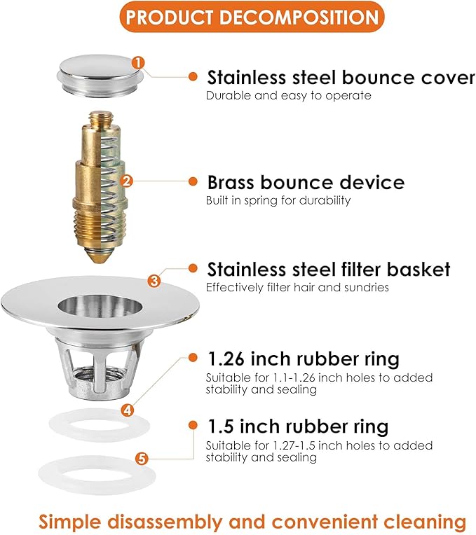 Universal Bathroom Sink Stopper, Basin Pop-up Bathroom Sink Drain Strainer, Bathroom Drain Stopper with Stainless Steel Hair Catcher for 1.1-1.5 Inch Drain(2 PCS, Silver)