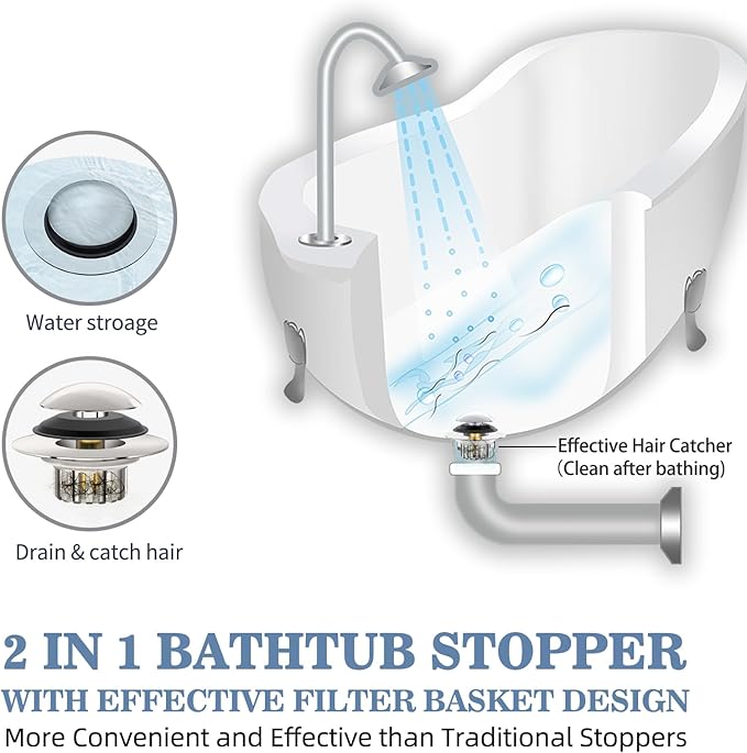 Universal 3 in 1 Bathtub Drain Stopper Bathtub, Pop-up Tub Stopper with Effective Filter Basket, Anti-Clogging Bathtub Drain Plug Bath Tub Stoppers for 1.45-1.8" Drain Shoe, Brushed Nickel