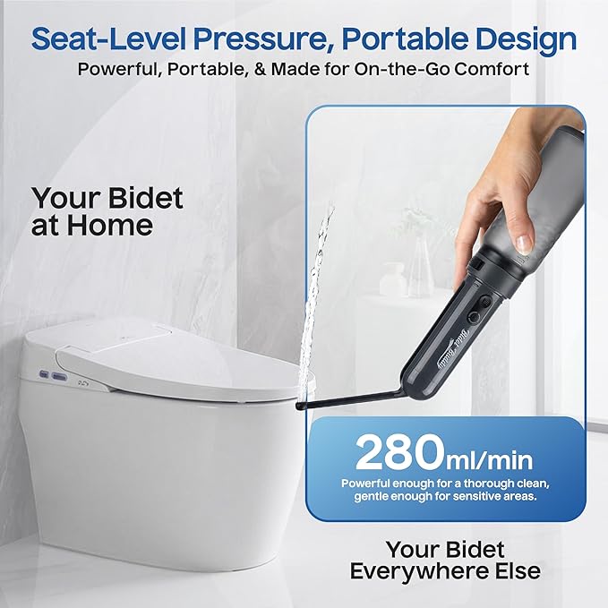 BIDET BUDDY® GoFlow Portable Bidet for Travel - 320ml Bottle with Adjustable Power Modes, Nozzle Wand, IPX7 Waterproof, USB C Charging, 800mAh Rechargeable Battery, Medium Pressure