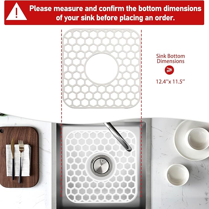 Silicone Sink Protectors for Kitchen Sink - 12" x 11" Kitchen Grid Accessory, Non-Slip Heat-Resistant Mat for Bottom of Porcelain Stainless Steel, Dishwasher Safe (White)