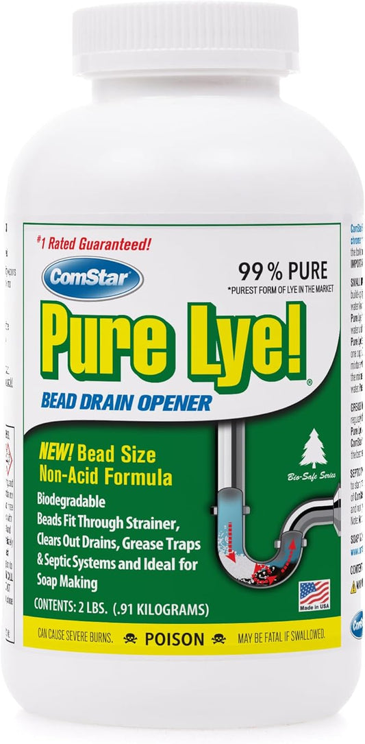 ComStar Pure Lye 2 lb - Unique Sodium Hydroxide Beads | Drain Opener & Soap Making | Biodegradable, Eco-Friendly (30-504)