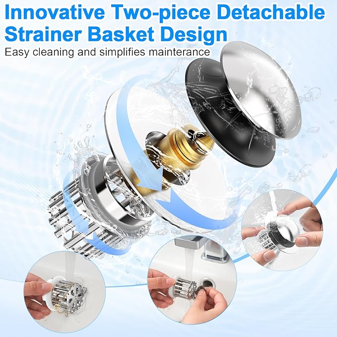 Universal 4 in 1 Bathroom Sink Stopper with Removable Filter Basket, Pop Up Pure Copper Bathroom Sink Drain Strainer, Anti-Clogging Bathroom Drain Stopper Sink Plug for 1.06"-1.65" Basin Drain Holes