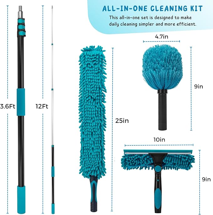 Cobweb Duster with 5-12 Ft Extension Pole, Spider Web Brush with Long Telescoping Pole for 20 Feet Reach, Window Cleaning Squeegee with Scrubber, High Ceiling Fan Dusters