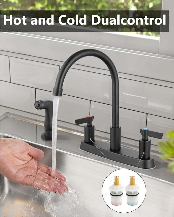 Kitchen Faucet with Sprayer 2 Handle Kitchen Sink Faucets 8 Inch Centerset 3 Hole with Supply Lines Matte Black