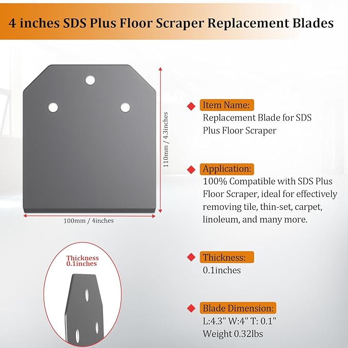 2 Pcs SDS Plus Floor Scraper Replacement Blades, TOOVEM 4 Inch Wide Tile Thinset & Adhesives Removal Blades with Bolts, Nuts, and Washers for 4" x 10" SDS Plus Floor Scrapers