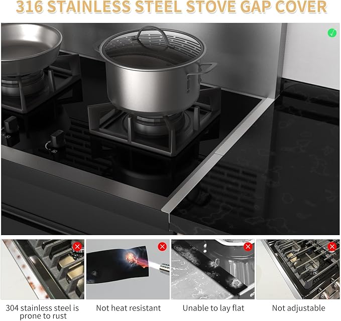 316 Stainless Steel Stove Gap Covers,2 Pack Stove Gap Filler,Range Trim Kit,Heat-Resistant Stove Gap Guard,Easy Retractable Length 13.8" to 27.5",Width 0.79",Silver