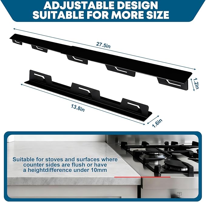 Stove Gap Covers Stainless Steel, 2PCS Anti-slip Not Sharp 13.8"~27.6" Adjustable Oven Gap Filler for Counter, Stove Guards Effectively Protect Cooktop Trim Kit Suitable(13.8"~27.6" for even 2)