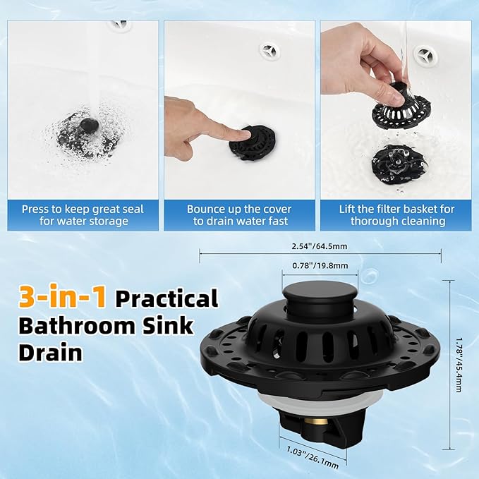 2PACK Universal Bathtub Drain Stopper Shower Hair Catcher Bathroom Sink Strainer, Tub Stopper with Visible Top Strainer, Brass Metal 3 in 1 Pop-up Stopper for Standard 1.1''~2.36'' Hole, Matte Black