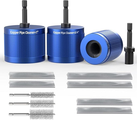 1/2",3/4" & 1" Copper Pipe Cleaner Kit for Drill,6 Brush Blades(3 pre-Installed + 3 backups) & 3Pcs ID Wire Bore Brush for Drill,Plumbing Tools for Plumber,Battery Terminal Brush for Battery Posts