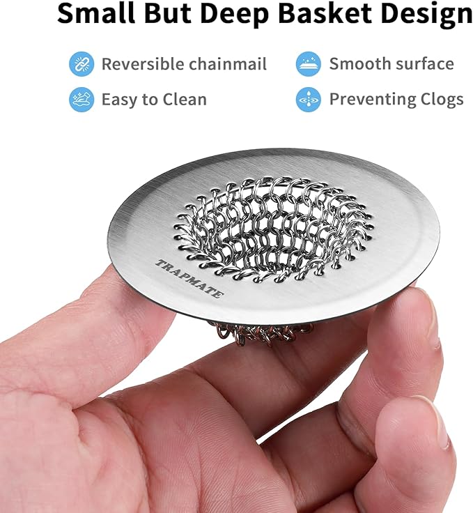 TRAPMATE 2PCS Bathtub Drain Strainer, 2.8" Patented Reversible Shower Tub Drain Hair Catcher, 304 Stainless Steel Drain Cover Protector fits Bathtub & Wash Basin, for Drains Under 2.5 Inches