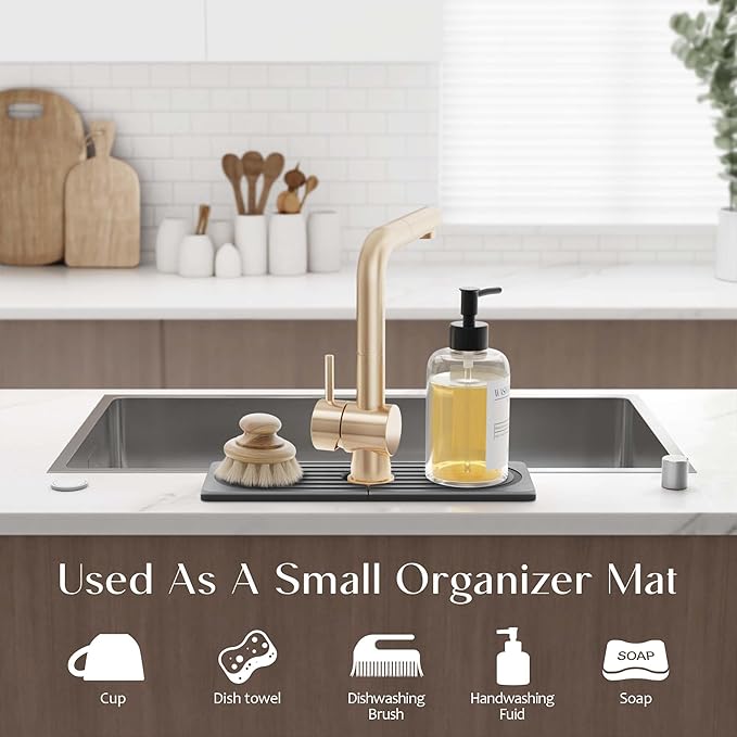 Diatomite Kitchen Faucet Mat - 14Inch Water Absorbing Stone Tray for Sink, Stone Fast-Drying Faucet Mat for Kitchen Counter Sink Accessories (Dark Grey, 14'' x 3.9'')