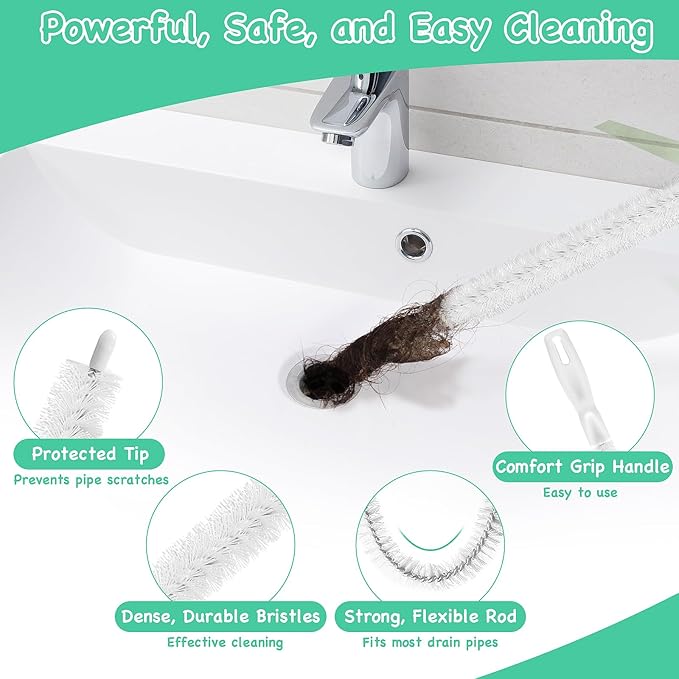 18PCS Drain Clog Remover Tool Set – 59” Drain Snake (2), Snake Drain Hair Removal Tool, 25” Plumbing Snake (4), 24” Sink Snake (1), 18” Sink Drain Cleaner Tool (1), Straw Cleaning Brushes (10)