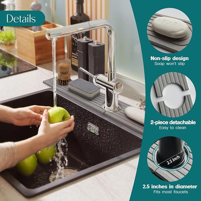 Diatomite Kitchen Faucet Mat - 14Inch Water Absorbing Stone Tray for Sink, Stone Fast-Drying Faucet Mat for Kitchen Counter Sink Accessories (Grey, 14'' x 3.9'')
