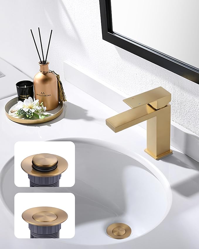 Bathroom Sink Drain with Lift Rod，WOWOW Gold Bathroom Drain Assembly Stopper with Lift Rod for Bathroom Faucet Vanity Sink Stopper Assembly with Lift Rod and Overflow Drain Stopper for Vessel Sink