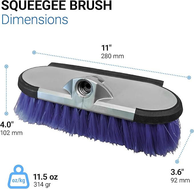 TERAVAN 10" 2 in 1 Water Flow Through Scrub Brush, Car Wash Brush with Built-in Squeegee- Soft Bristle Cleaning Brush for Cars, RVs, Boats, Solar Panels, Patio, Siding, Decks and Windows