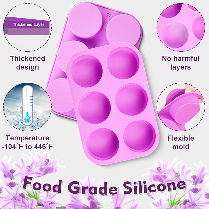 Walfos Round Silicone Soap Molds,Silicone Soap Molds,BPA Free and Non-Stick Circular Soap Mold,Perfect for Soap,Candles,Cookies,Oreos,Candy,Pudding,Jello.Set of 2 (Purple)