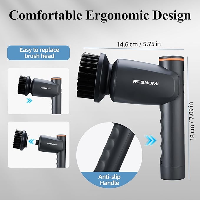 Electric Spin Scrubber, Cordless Bathroom Shower Scrubber with LCD Display & 2 Speeds, IPX7 Waterproof Cleaning Brush, 6 Replaceable Heads, 4-Hour Runtime for Kitchen Tile Bathtub Car, Gray-Black
