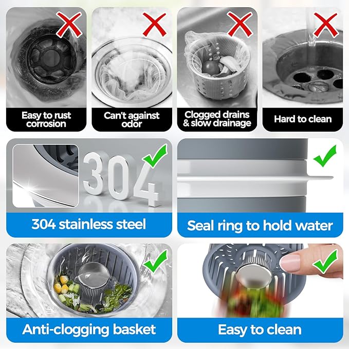 Sink Drain Strainer - Sink Stopper Kitchen Drain, 3 in 1 Kitchen Sink Drain Strainer with Anti-Clogging Basket, Kitchen Gadgets Clearance Sink Accessories, Fit US Standard 3-1/2'' Sink Hole, Silver