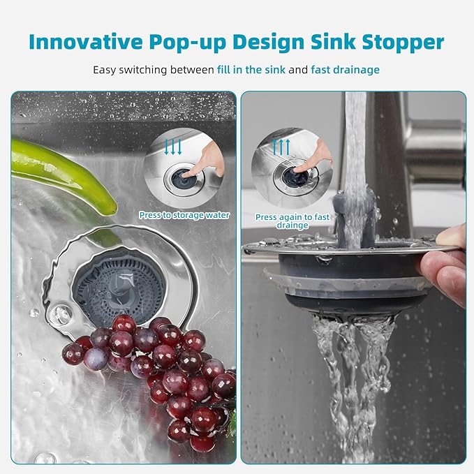 Hibbent 2 Pack 3 in 1 Kitchen Sink Drain Strainer, Stainless Steel Wrapped Shell Drain Stopper Combo, Pop Up Sink Stopper, Anti-Clogging Strainer with Foldable Handle for US Standard 3-1/2" Drain