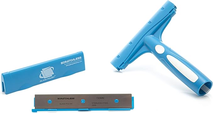 Glass Polish 6 inch (150mm) SCRATCHLESS Professional Scraper for Glass, Windows, Tiles and Any Smooth Surfaces - Comes Fitted with Stainless Steel Blade