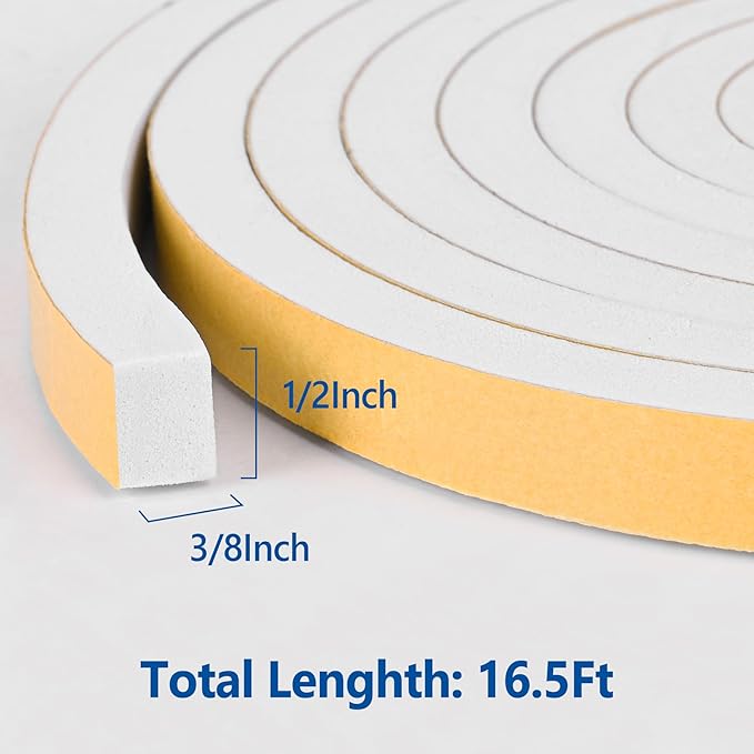 Self-Adhesive High Density Foam Insulation Strips - 1/2in x 3/8in x 16.5Ft Weatherstrip with Strong Adhesive for Door and Window Soundproofing