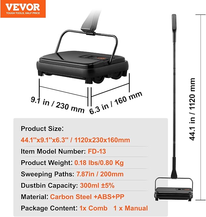 VEVOR Carpet Sweeper, 7.87 in Sweeping Paths, Floor Sweeper Manual Non Electric, 300 ml Dustbin Capacity with Comb for Home Office Rugs Hardwood Surfaces Wood Floors Laminate, Cleans Dust Pet Hair