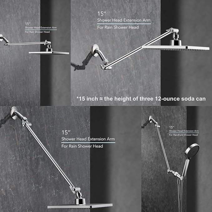 15 Inch Extra Long Adjustable Shower Head Extension Arm With Locking Set Screw, Singing Rain 304 Stainless Steel Chrome Angle Height Adjustable, G1/2 Universal Connector Compatible (Chrome Finish)
