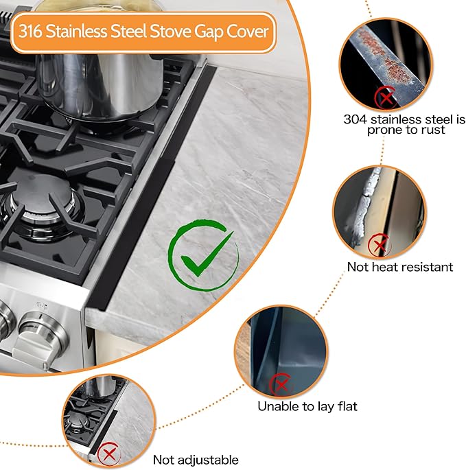 Stove Gap Covers Stainless Steel (2 Pack),Stove Gap Filler,Range Trim Kit,Oven Gap Filler,Heat Resistant and Easy Retractable Length 13.8" to 27.5",Width 0.79",Black