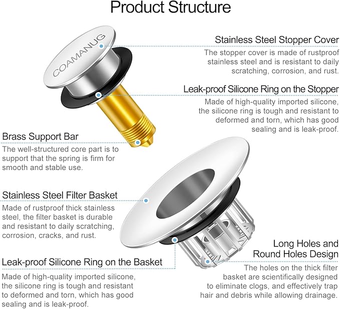 Bathtub Stopper | Shower Drain Hair Catcher, Pop-up Tub Stopper with Strainer | Pop-up Bathtub Drain Plug | Drai Protector for 1-1/2 to 1-3/4" Bath Drain Hole- Pearl Chrome