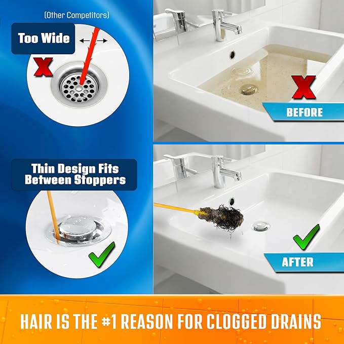 FlexiSnake Drain Weasel Sink Snake Hair Clog Remover Tool, Sink, Pipe, Bathroom, Bathtub Drain Cleaner, 18-inch Long, Flexible, Made in The USA, 10 Pack Wand Refills and Removable Handle