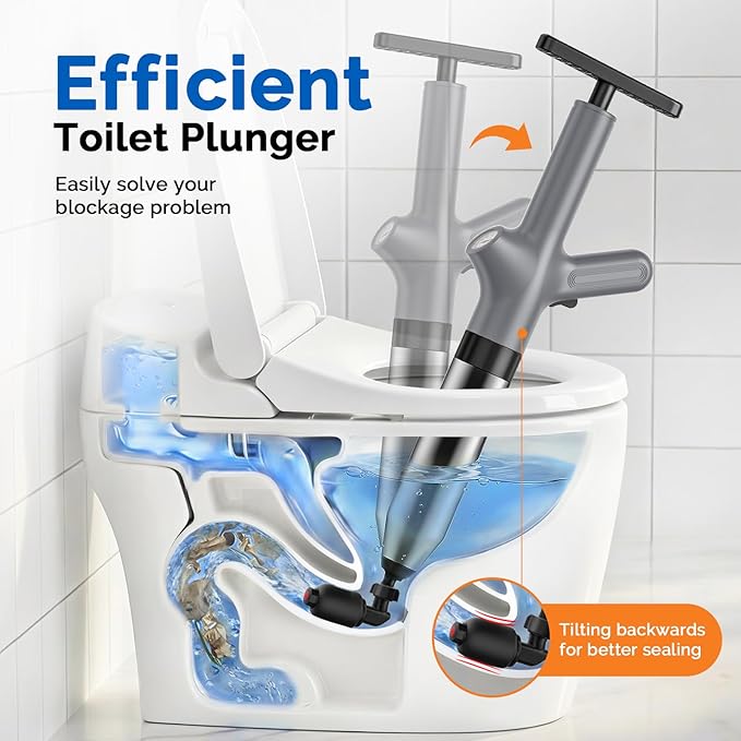 HAMITOR Toilet Plunger Drain Clog Remover: High Pressure Air Plunger & Heavy Duty Toilet Snake with Barometer for Sink, Drain Clogs - Unclogging Tool for Failed Traditional Plungers, Grey