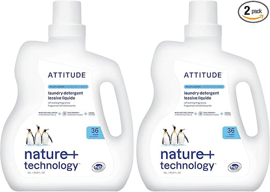 ATTITUDE Liquid Laundry Detergent,EWG Verified,HE Compatible,Plant-Based & Vegan,Natural Laundry Soap,Wildflowers Scent,36 Loads,60.8 Fl Oz,(Pack of 2)