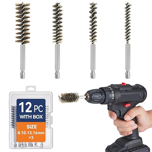 12 Pcs Stainless Steel Bore Brush, Wire Brush for Drill Set with 1/4 Inch Hex Shank, Abrasive Wire Bore Brush for Power Drill, Rust Polish and Tube Cleaning (8,10,13,16mm)