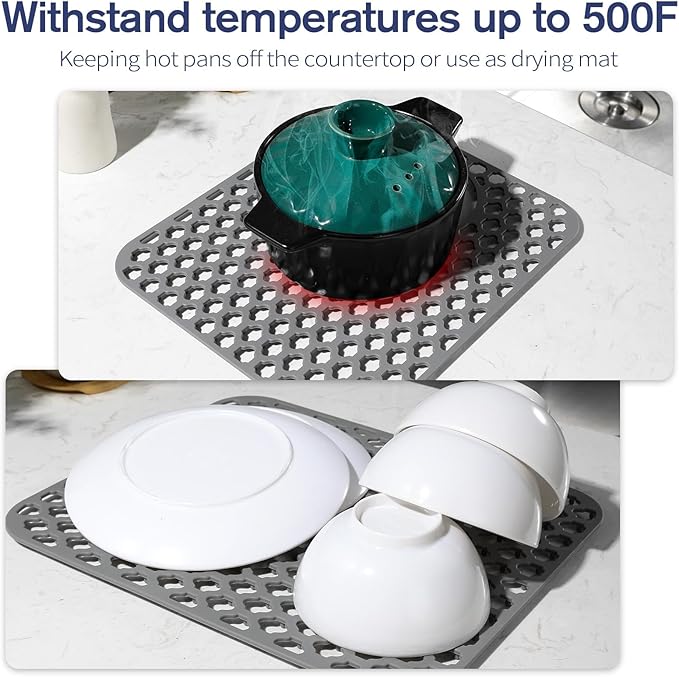 2PCS Silicone Sink Protector 12"x14" Rear Drain Hole, Heat Resistant Non-slip Dishwasher Suitable, Large Mat for Bottom of Farmhouse Kitchen Stainless Steel Sink