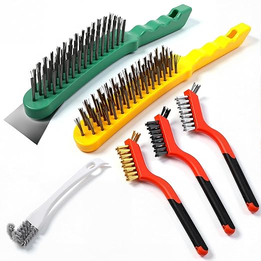 6-Piece Heavy-Duty Stainless Steel Wire Brush Set with Scraper & U-Shape Brush - Dual-Head Brass/Nylon/Steel Bristles for Gas Stoves, Grills, Engines, Rust, Grease, Carbon Build-Up & Surface Prep
