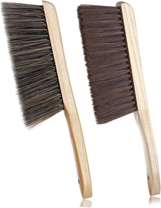Rbenxia 2 Pieces Wooden Handle Bench Brushes Horse Hair Brushes Soft Bristles Dust Brush Household Cleaning Brushes for Fireplace, Sofa, Furniture, Workshop Woodworking (Gray+Beige)