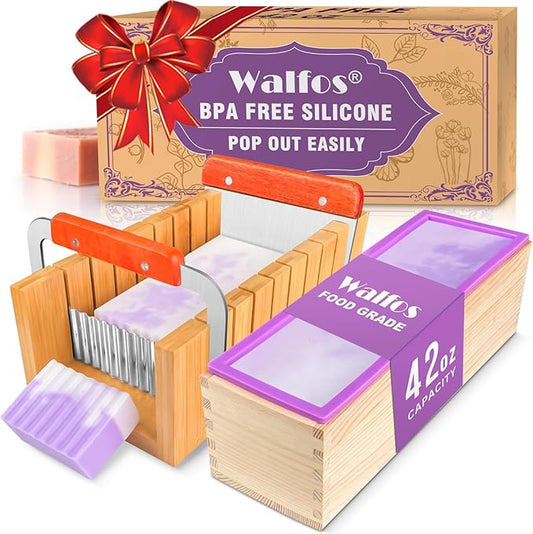 Walfos Soap Mold for soap Making, Soap Making kit - 42 oz Silicone Loaf soap Mold Set with Rectangular Wood Box & Bamboo Cutter Measuring Box, 2 Scraper for Soaps Making