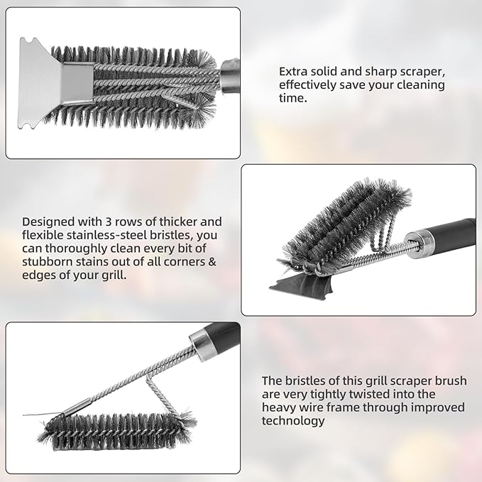 Grill Brush & Scraper BBQ Brush for Grill, 18" Stainless Steel Woven Wire 3 in 1 Bristles Grill Cleaning Brush with Bottle Opener & Clipping Hook