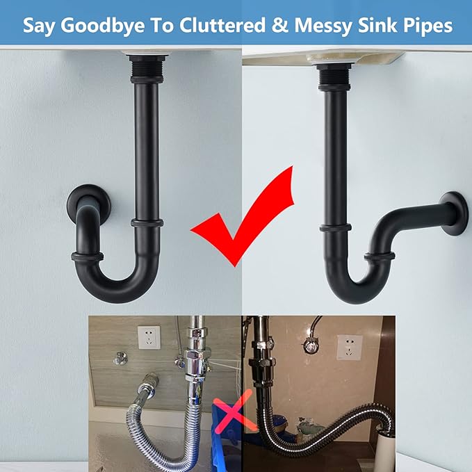 Thickened Brass P Trap Set: 1-1/4 P Trap with Bathroom Sink Stopper - Sink Drain Plumbing Kit for Pipe Replacement (Black, No Overflow)