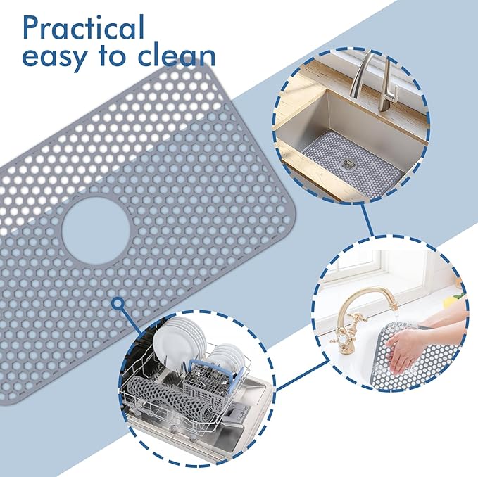 Silicone Sink Mat - Protectors for Kitchen Sink with Center Drain, 26"x 14" Kitchen Grid Accessory, Non-Slip Heat-Resistant Mat for Bottom of Farmhouse Porcelain Stainless Steel (Center Hole)