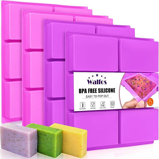 Walfos Silicone Soap Molds, 4 Pieces Rectangle Soap Molds 6 Cavities for Homemade Craft Soap, Cake, Rice Crispy, Chocolate ＆ Ice Cube Tray（Purple ＆ Pink）