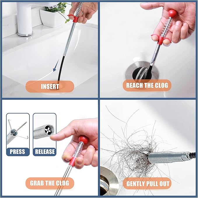 Upgraded Drain Snake 61" with Hook, Plumbing Snake Auger Tool, Sink Snake Drain Clog Remover for Bathroom Sink, Shower, Kitchen, Bathtub, Multi-Size with Grip, Flexible for Tight Spaces Industrial Use