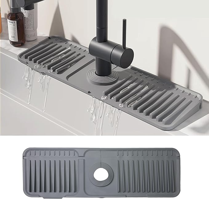 STARGAZ Silicone Faucet Mat for Kitchen Sink,Faucet Draining Mat,Sink Back Splash Guard,Kitchen Rubber Mat,Bathroom Sink Faucet Mat,Soap Dish,Silicone Sink Protector(Grey,17.7”×5.5”)