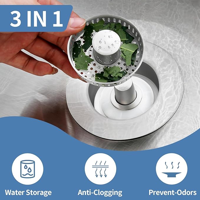 Kitchen Sink Drain Strainer,Stainless Steel 3-in-1 Pop-up Sink Stopper with Sealing Ring, Anti-Clog & Odor-Proof Drain Filter, Fits 3-1/2 Inch Sink Drain Holes, Easy Installation